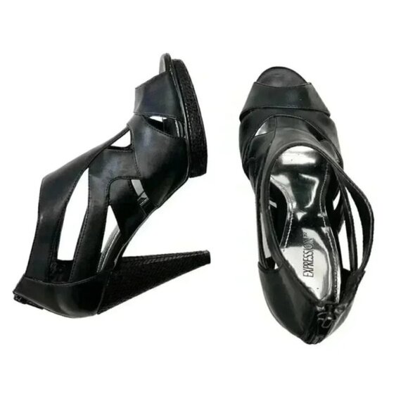Expression Chunky Platform Caged High Heel Y2K Shoes Black Faux Leather Size 7 - Picture 8 of 16